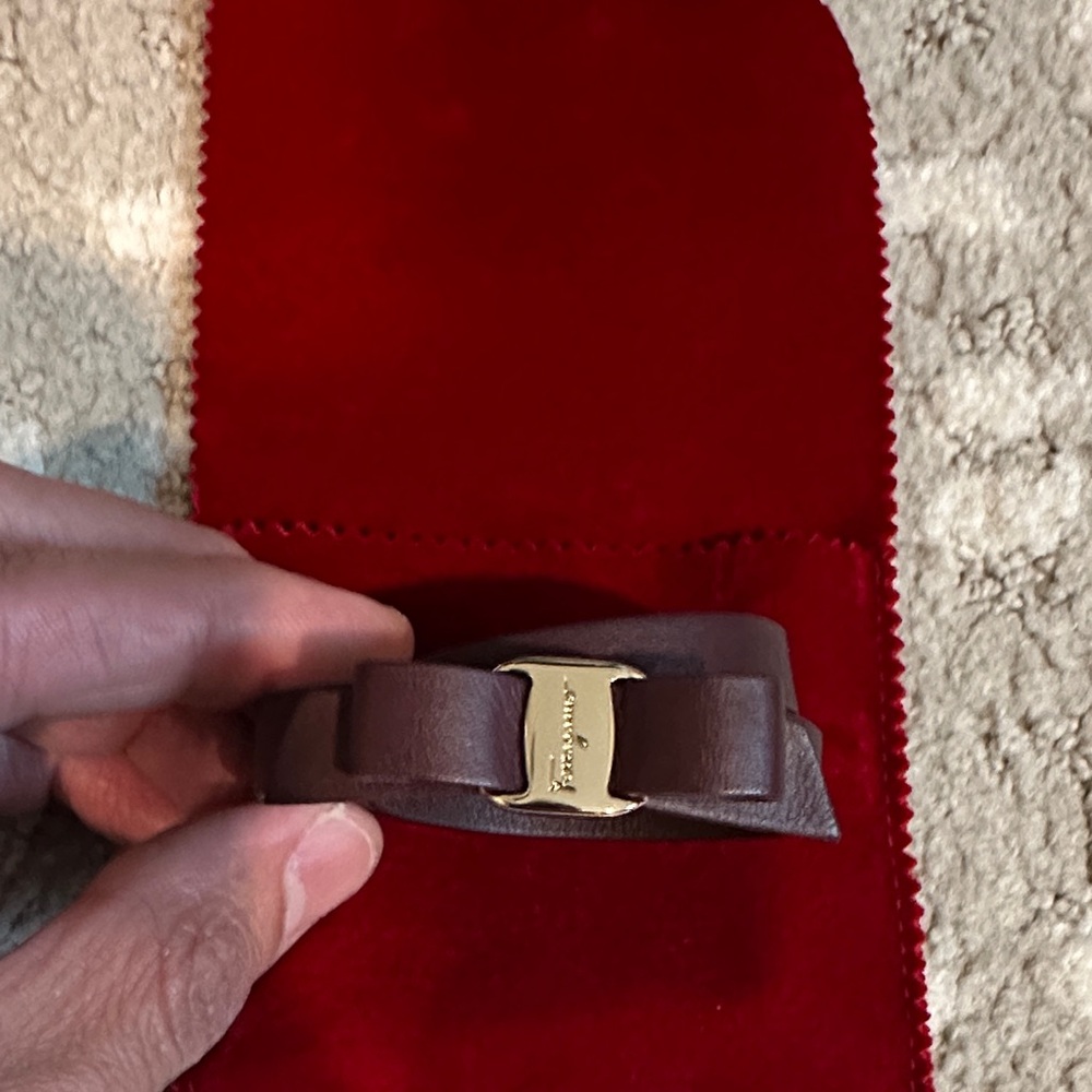 Salvatore Ferragamo Brown Leather Bracelet with Gold Buckle